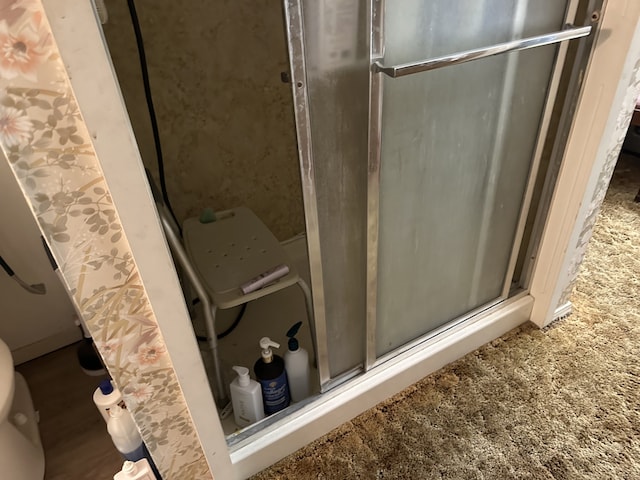 full bathroom featuring toilet and a stall shower