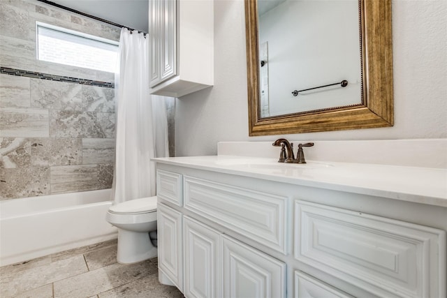 full bathroom with toilet, shower / bathtub combination with curtain, and vanity