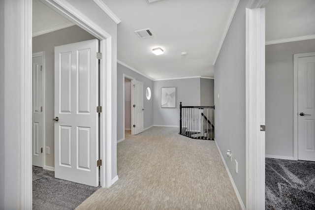 201 Hancock Ct, Colleyville, TX 76034 - hallway featuring carpet flooring, an upstairs landing, crown molding, and baseboards