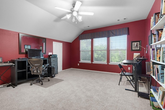 5513 Paloma Ct, Fort Worth, TX 76179 - carpeted office space featuring visible vents, ceiling fan, and vaulted ceiling