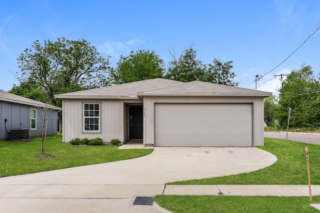 932 Dawson St, Waco, TX 76704 - ranch-style home with a garage, roof with shingles, cooling unit, a front yard, and concrete driveway