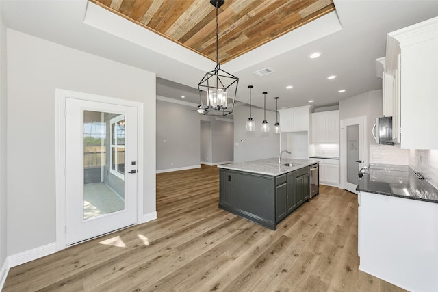 kitchen featuring a sink, wooden ceiling, stainless steel appliances, a tray ceiling, and white cabinetry