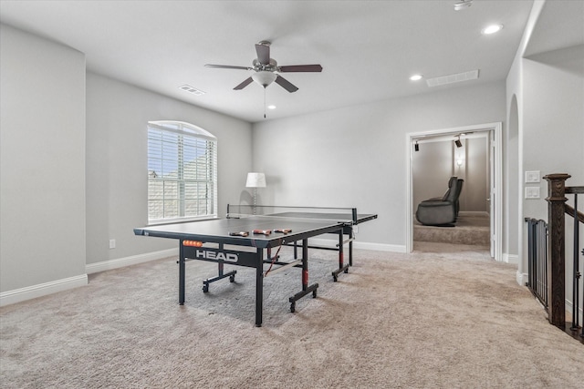 game room featuring recessed lighting, a ceiling fan, visible vents, and carpet