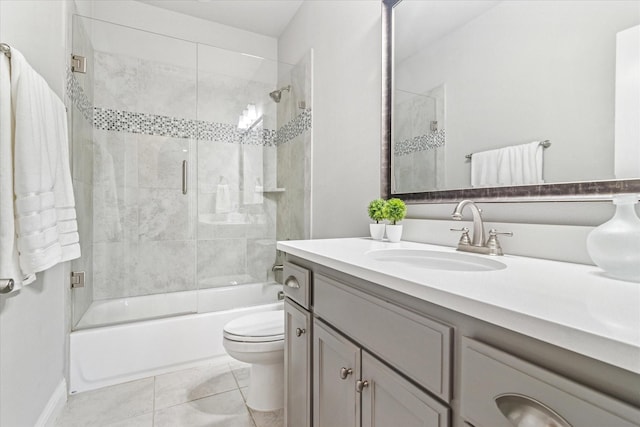 bathroom featuring bath / shower combo with glass door, toilet, tile patterned flooring, and vanity