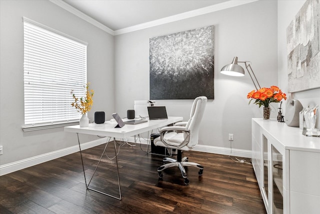 home office featuring wood finished floors, crown molding, and baseboards