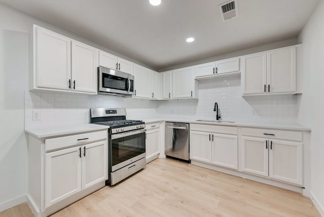 kitchen with appliances with stainless steel finishes, light wood-type flooring, a sink, white cabinetry, and visible vents