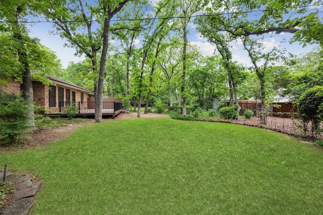 view of yard with fence and a deck