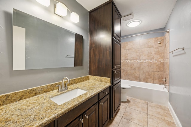 bathroom with tile patterned floors, baseboards, vanity, toilet, and shower / bathtub combination