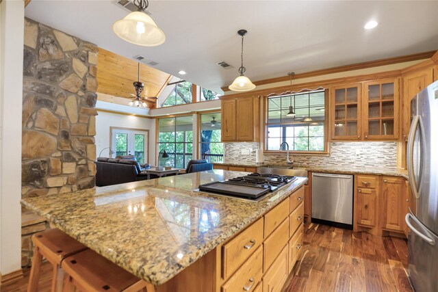kitchen with visible vents, appliances with stainless steel finishes, light stone countertops, dark wood finished floors, and a sink