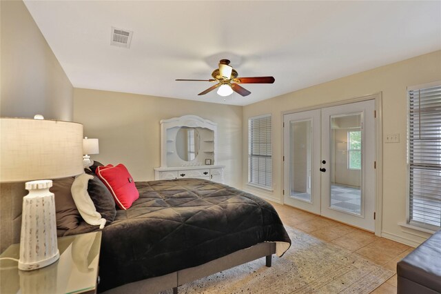 bedroom with visible vents, access to exterior, ceiling fan, french doors, and light tile patterned floors