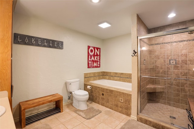full bath featuring tile patterned flooring, toilet, recessed lighting, a bath, and a stall shower