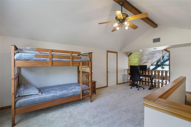 carpeted bedroom with baseboards, visible vents, and vaulted ceiling with beams