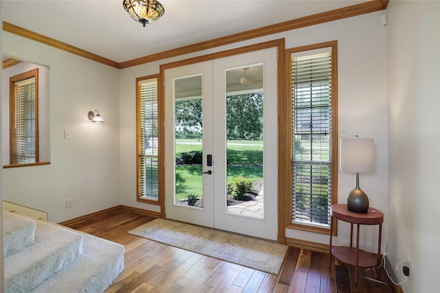 entryway with wood-type flooring, baseboards, plenty of natural light, and ornamental molding