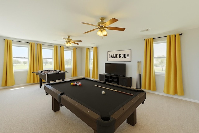 2609 Comanche Moon Dr, Fort Worth, TX 76179 - playroom featuring visible vents, billiards, a healthy amount of sunlight, and light colored carpet