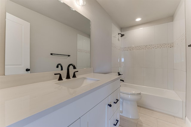 bathroom with vanity, toilet, recessed lighting, and bathtub / shower combination