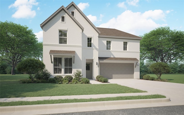 modern farmhouse with driveway, a front yard, an attached garage, and brick siding