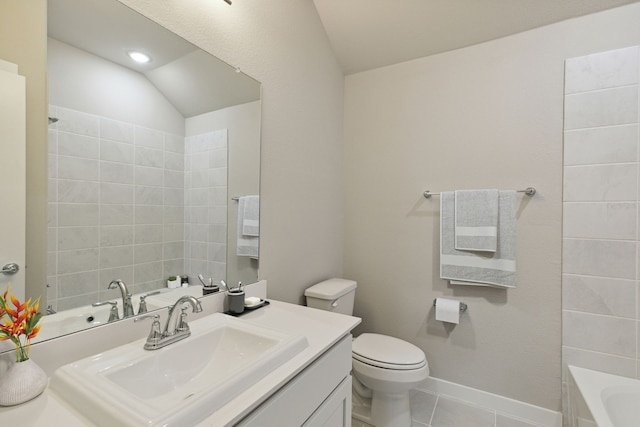 full bath featuring tile patterned floors, vanity, toilet, and vaulted ceiling