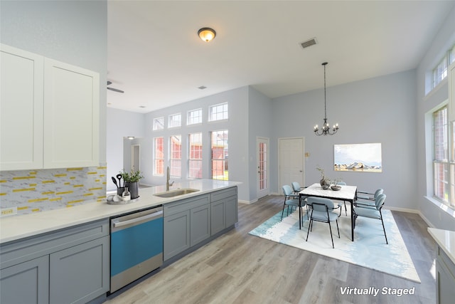 7404 Maybrook Ct, Plano, TX 75024 - kitchen with dishwashing machine, a sink, healthy amount of natural light, backsplash, and a high ceiling