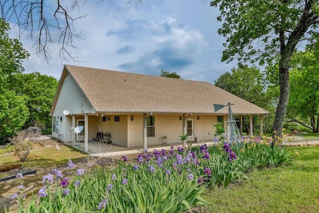 rear view of property featuring a patio and roof with shingles