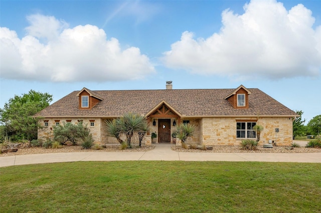 727 S Sugartree Dr, Lipan, TX 76462 - ranch-style house featuring a chimney, a front yard, a shingled roof, and stone siding
