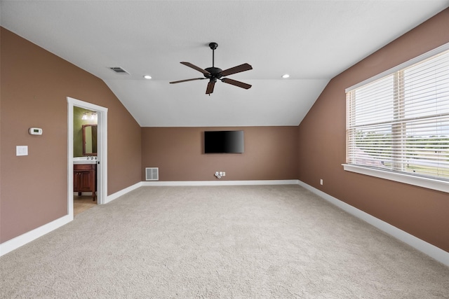 727 S Sugartree Dr, Lipan, TX 76462 - bonus room featuring baseboards, light carpet, a ceiling fan, and lofted ceiling