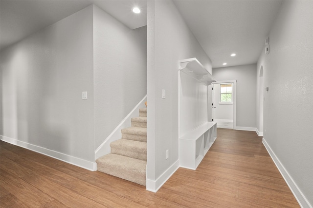 727 S Sugartree Dr, Lipan, TX 76462 - hallway with stairway, wood finished floors, recessed lighting, and baseboards
