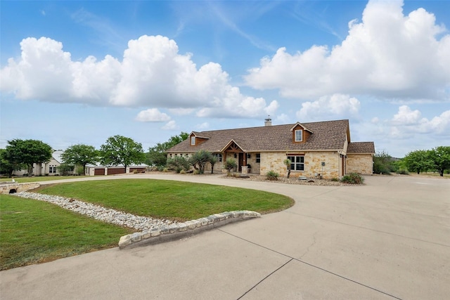 727 S Sugartree Dr, Lipan, TX 76462 - view of front of house featuring a chimney, curved driveway, a front lawn, and stone siding