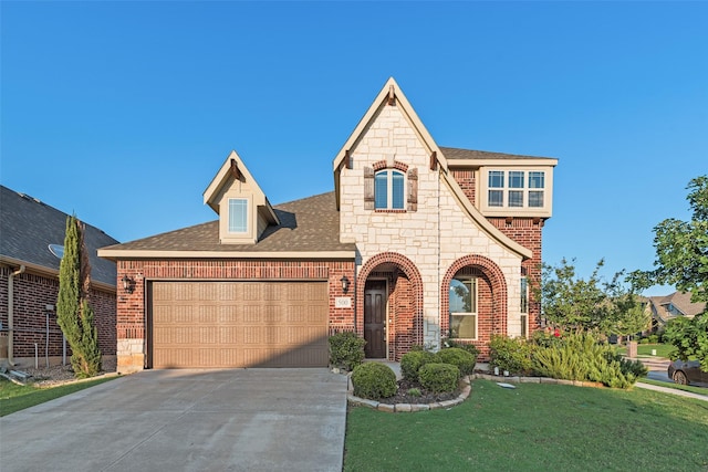 view of front of home featuring a garage, brick siding, and stone siding