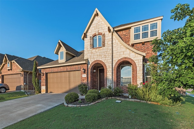 view of front of property featuring a garage, brick siding, driveway, and stone siding
