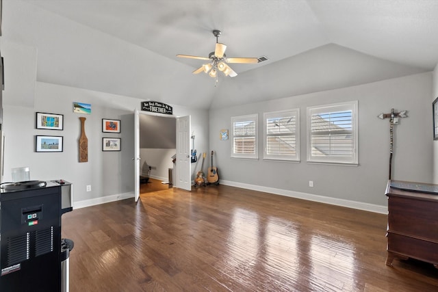rec room featuring ceiling fan, wood finished floors, and lofted ceiling