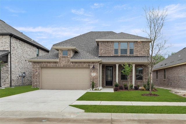 802 Roanoke, Princeton, TX 75407 - view of front of property with a shingled roof, brick siding, a front lawn, and an attached garage