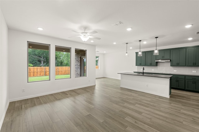802 Roanoke, Princeton, TX 75407 - kitchen with green cabinets, a sink, under cabinet range hood, ceiling fan, and open floor plan