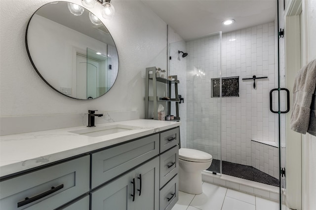 full bath with vanity, toilet, and a shower stall