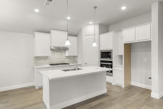 2612 Chester Dr, Celina, TX 75009 - kitchen featuring a sink, appliances with stainless steel finishes, a kitchen island with sink, backsplash, and white cabinetry