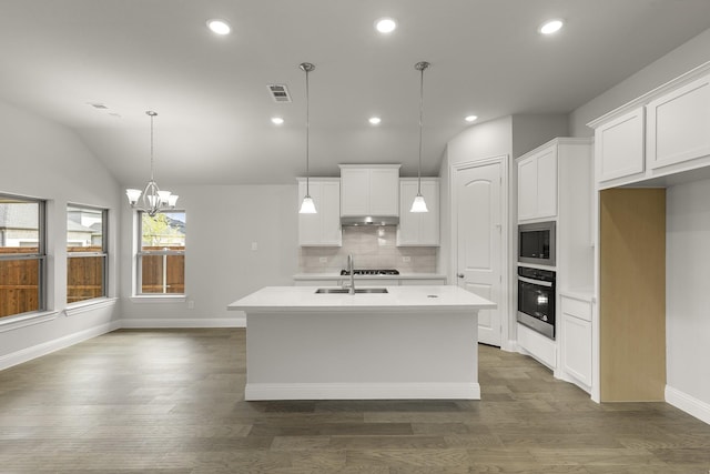 2612 Chester Dr, Celina, TX 75009 - kitchen with appliances with stainless steel finishes, under cabinet range hood, decorative backsplash, a center island with sink, and light countertops