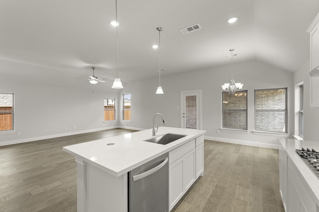 2612 Chester Dr, Celina, TX 75009 - kitchen featuring a sink, stainless steel appliances, light wood-type flooring, ceiling fan, and lofted ceiling