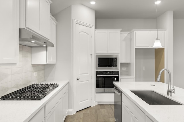 2612 Chester Dr, Celina, TX 75009 - kitchen with stainless steel appliances, a sink, white cabinets, under cabinet range hood, and light countertops