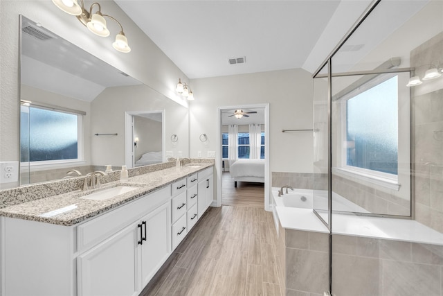 full bathroom with visible vents, plenty of natural light, connected bathroom, and a sink