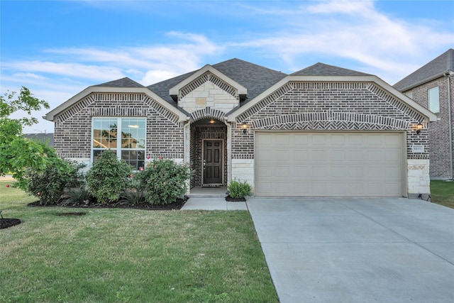 french country home with brick siding, driveway, stone siding, a front yard, and an attached garage