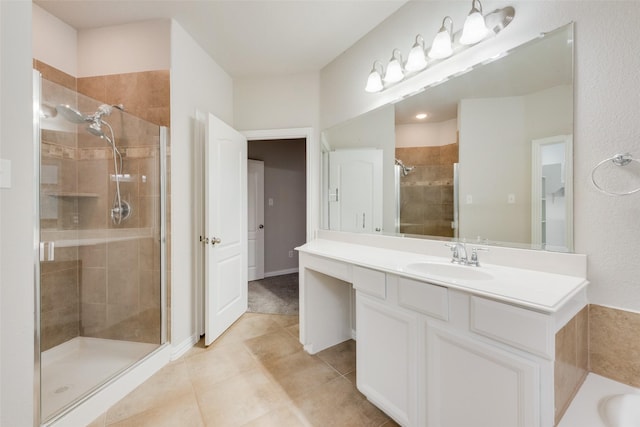 bathroom featuring vanity, a shower stall, and tile patterned flooring