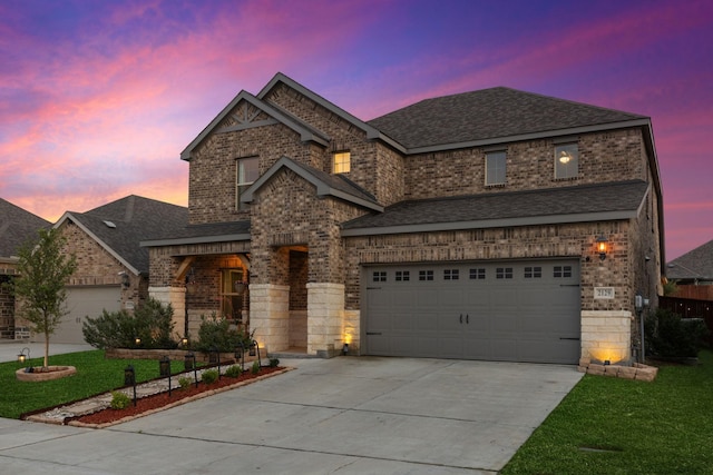 2129 Gill Star Dr, Haslet, TX 76052 - traditional-style home with brick siding, concrete driveway, a shingled roof, an attached garage, and a lawn