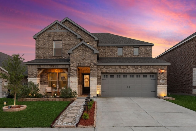 2129 Gill Star Dr, Haslet, TX 76052 - traditional-style home featuring brick siding, driveway, a front yard, a garage, and a shingled roof