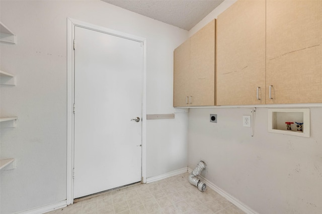 laundry room featuring baseboards, hookup for a washing machine, light floors, electric dryer hookup, and cabinet space
