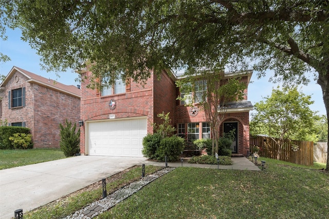 traditional-style home featuring concrete driveway, brick siding, fence, and a front lawn
