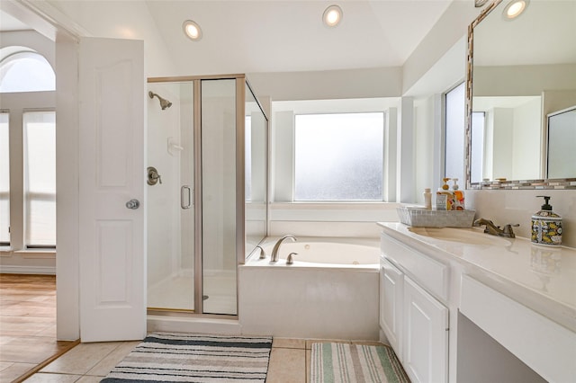 12165 Shoal Creek Dr, Frisco, TX 75035 - full bathroom featuring a garden tub, vanity, a shower stall, recessed lighting, and tile patterned floors