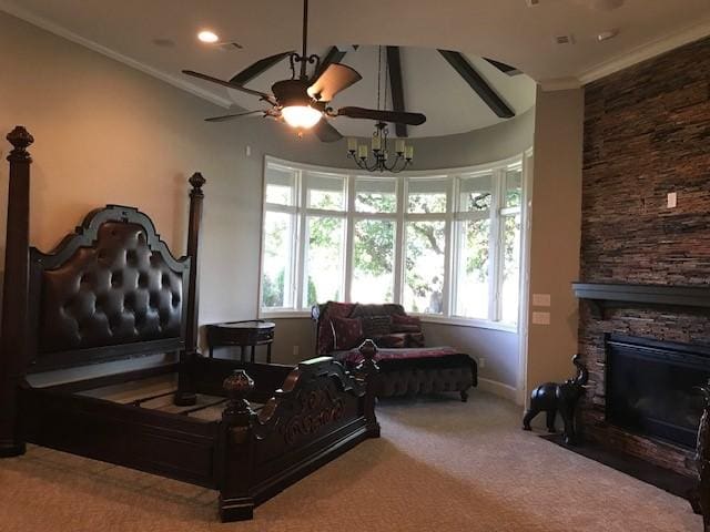 1900 Durance Ct, Corinth, TX 76210 - carpeted bedroom featuring crown molding, visible vents, baseboards, a stone fireplace, and ceiling fan with notable chandelier