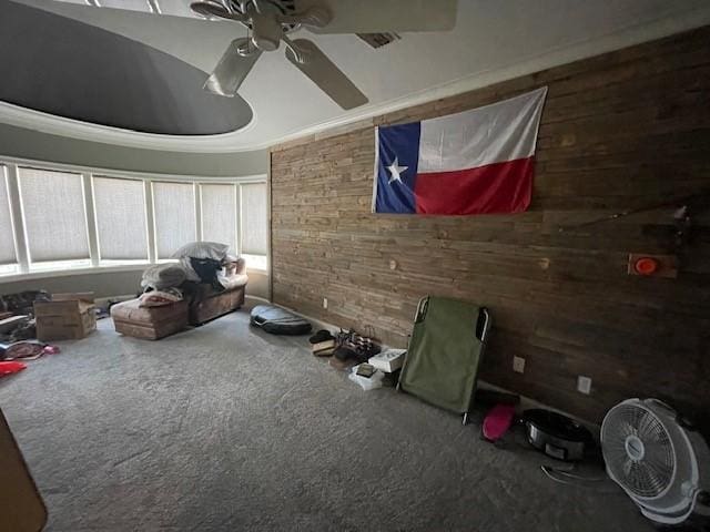 1900 Durance Ct, Corinth, TX 76210 - unfurnished room with wood walls, ceiling fan, and carpet floors