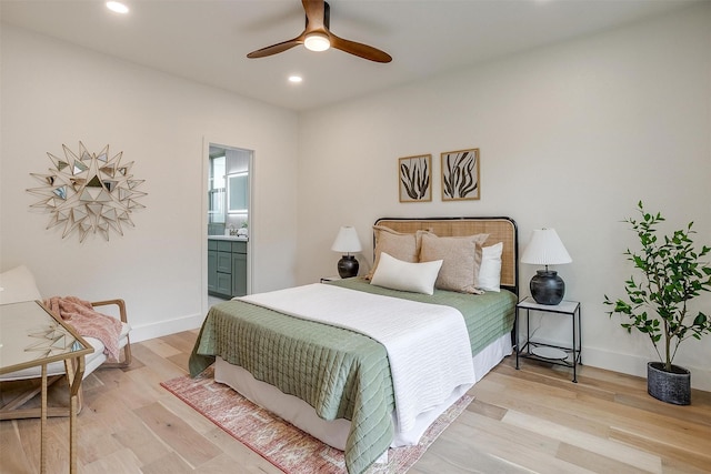 5105 Birchman Ave, Fort Worth, TX 76107 - bedroom featuring recessed lighting, ensuite bathroom, baseboards, light wood-type flooring, and a ceiling fan