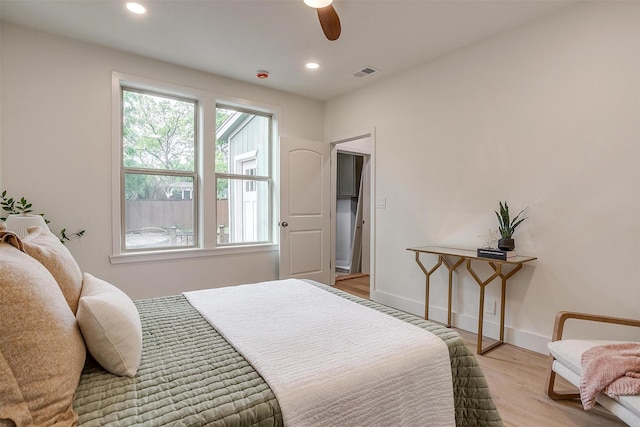 5105 Birchman Ave, Fort Worth, TX 76107 - bedroom with light wood-style flooring, visible vents, ceiling fan, baseboards, and recessed lighting