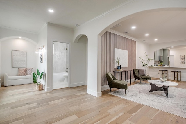 5105 Birchman Ave, Fort Worth, TX 76107 - living area featuring recessed lighting, ornamental molding, and light wood finished floors